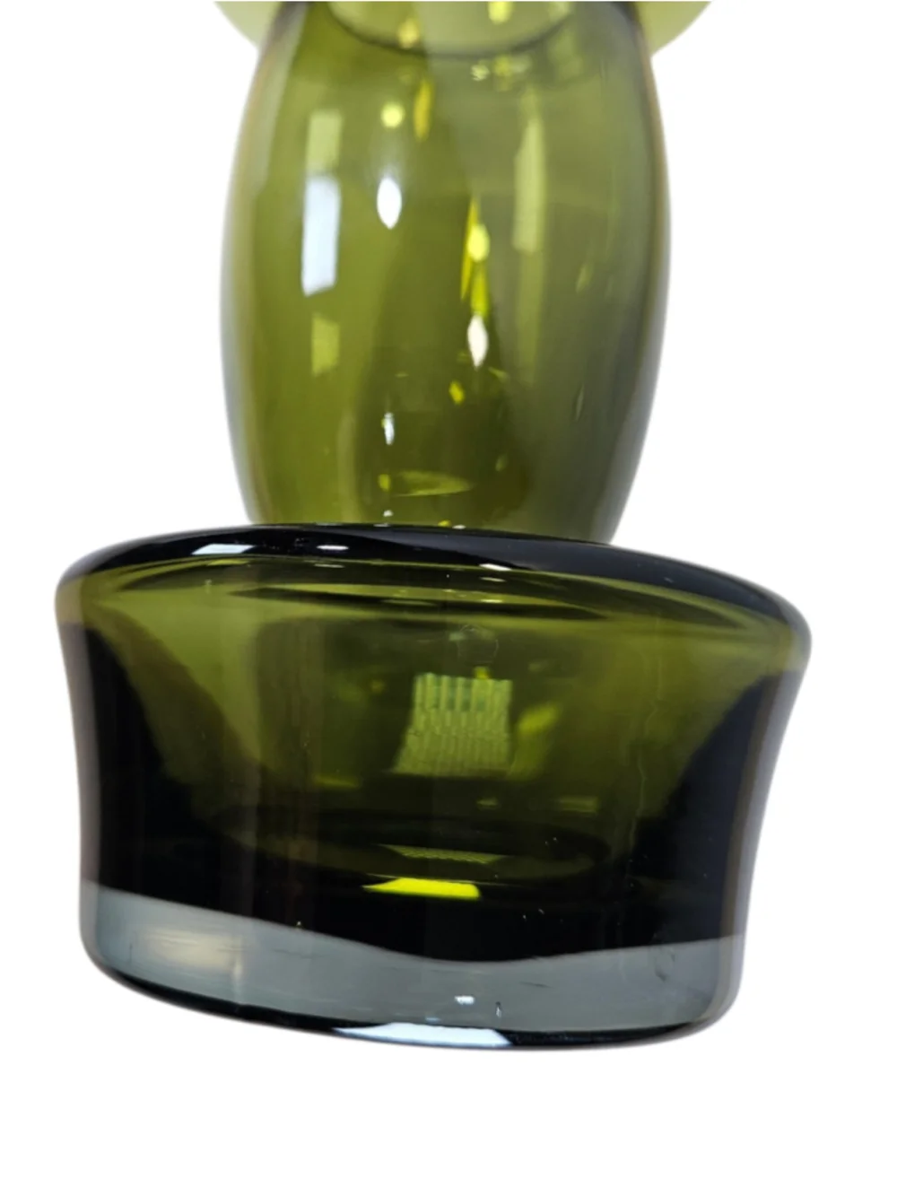 Riihimäen Lasi Finnish Olive Green Glass Vase MCM Scandinavian Dumbell Art Glass